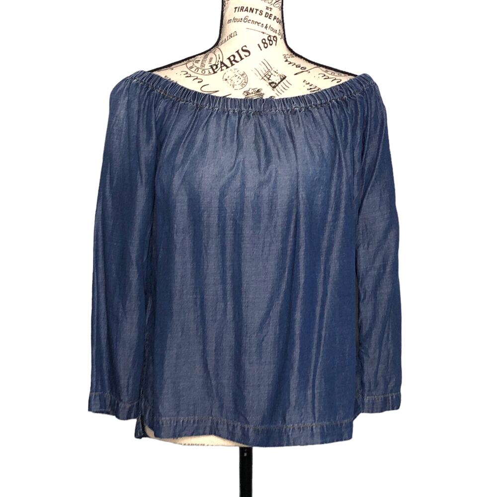 Cloth & Stone (S) Off Shoulder Elastic Split Sleeve Side Chambray Denim Top